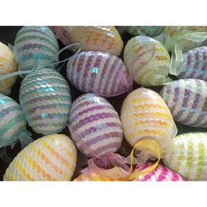 18 Pcs Easter Hanging Sequin Eggs 1.6" Stripes Easter Eggs Ornaments with Bow